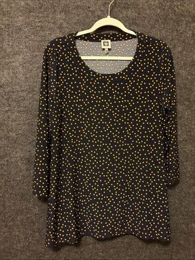 Anne Klein Black blouse  with Mustard Polka Dots, Long Sleeve